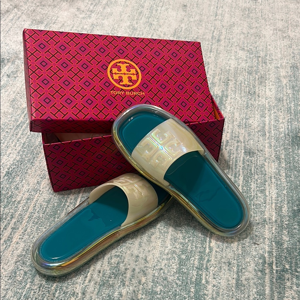 Tory Burch Cream and Teal pearl iridescent pool Slide Sandals